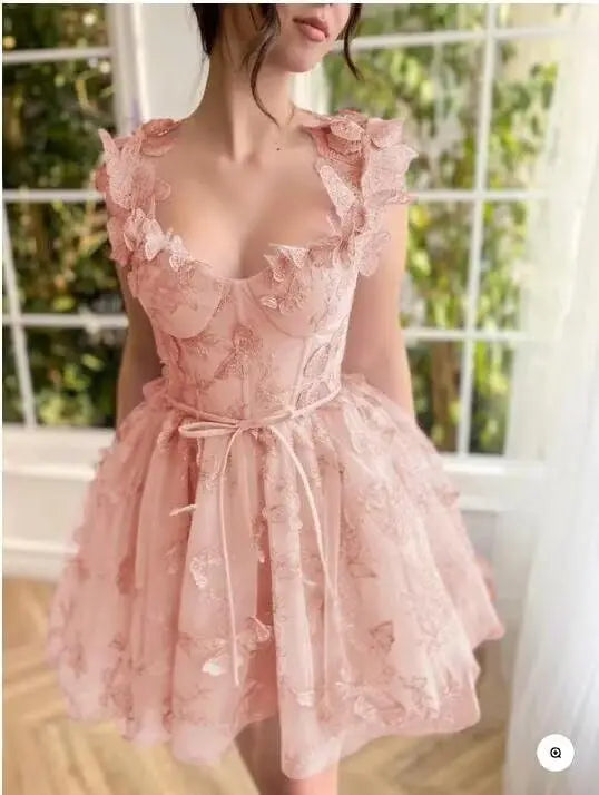 3D-Schmetterlings-Tüll-Heimkehrkleid für Teenager – A-Linie, kurz, Abschlussball, Cocktailkleid, Hochzeitsparty, Kleider mit Schnürung am Rücken 