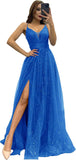 2025 Sparkly Tulle Formal Prom Dress Pleated A-Line Ball Gown with Spaghetti Straps Slit for Women Evening Dresses