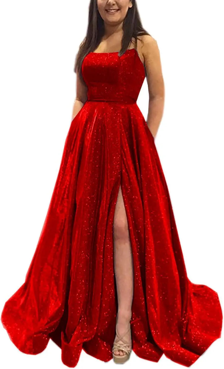 Vestidos de fiesta con purpurina para mujer, 2025, con tirantes finos abiertos, largos, formales, para noche, boda, fiesta, baile, con bolsillos 