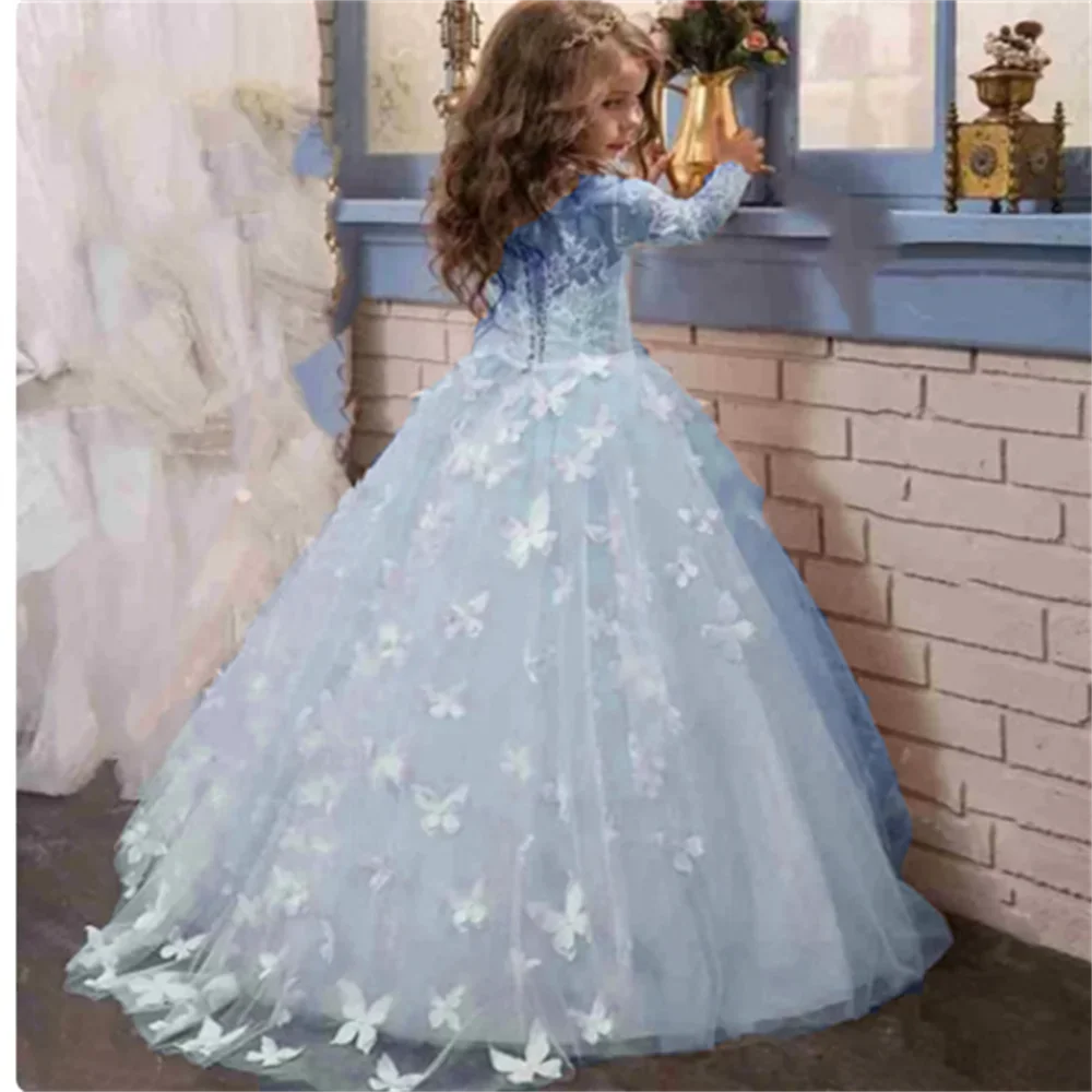 Butterfly Lace Appliques Long Sleeve Flower Girl Dress for Wedding Birthday Ball Gown First Holy Communion Celebration Dresses