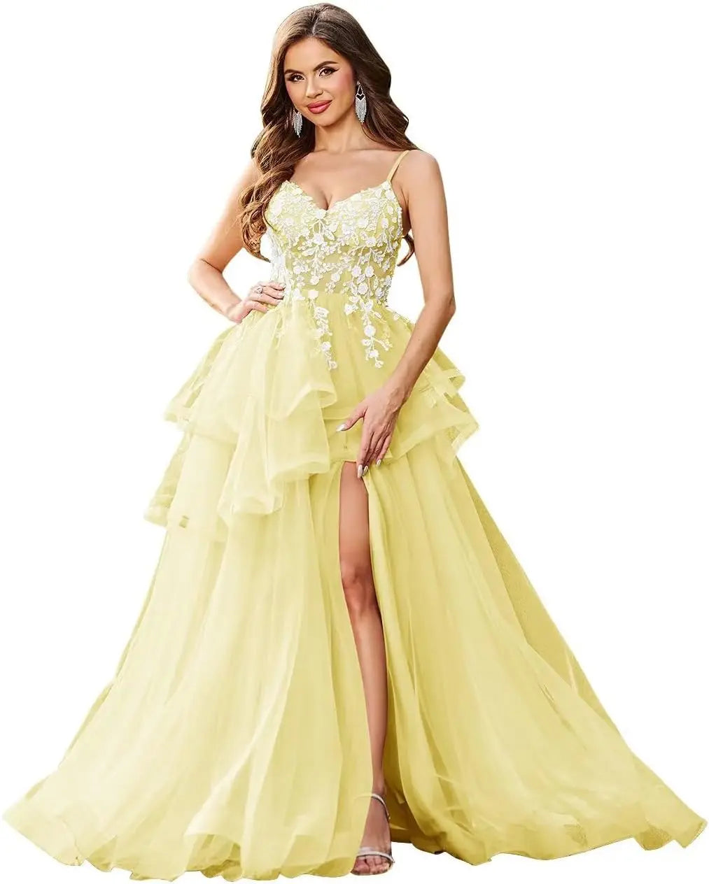 Vestidos de fiesta con apliques de encaje de tul y escote en V con abertura, vestidos de fiesta formales de noche con capas abullonadas, vestidos de baile largos 