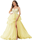 Vestidos de fiesta con apliques de encaje de tul y escote en V con abertura, vestidos de fiesta formales de noche con capas abullonadas, vestidos de baile largos 