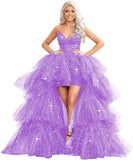 High Low Pailletten Tüll Ballkleider Mehrlagiges Romantisches Ballkleid für Damen Funkelndes Abendkleid Abendkleider 