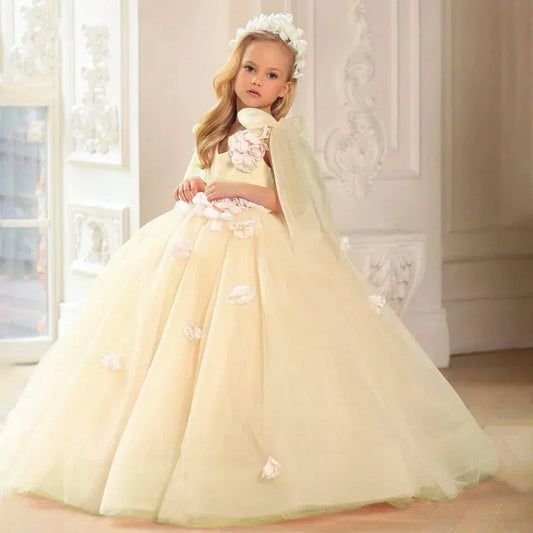 Vestido elegante de tul sin mangas para niña, para cumpleaños, fiesta de comunión, con apliques florales 3D, para boda 