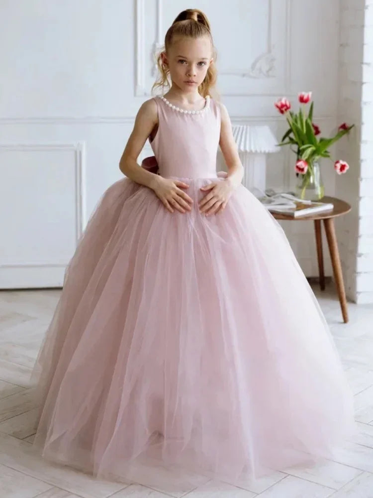 Vestidos de princesa para banquetes de fiesta de cumpleaños, vestidos de niña de las flores, tul rosa polvoriento, cuello de perlas con lazo y cinturón, sin mangas para boda 