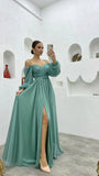 Vestido de dama de honor de manga larga para mujer, con tirantes finos, para invitada de boda, con abertura y bolsillos, vestido formal fruncido. 