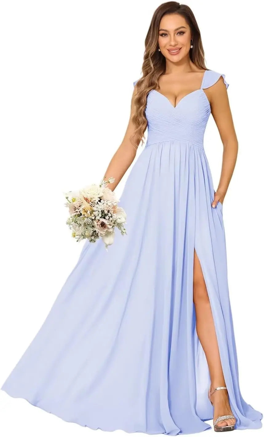 Women's Cap Sleeves Chiffon Bridesmaid Dresses Long with Pockets Ruffle Formal Evening Dresses with Slit Wedding Party Gowns