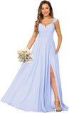 Women's Cap Sleeves Chiffon Bridesmaid Dresses Long with Pockets Ruffle Formal Evening Dresses with Slit Wedding Party Gowns