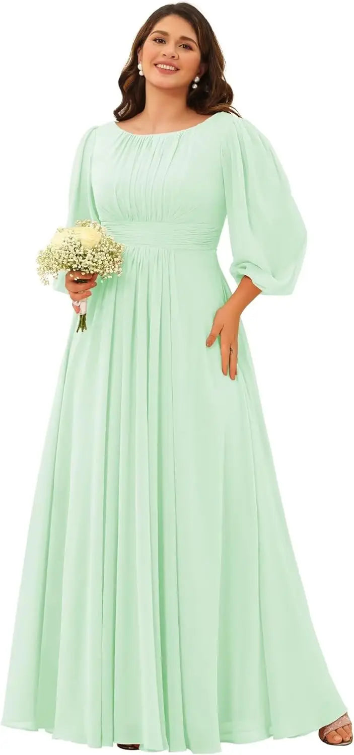 Chiffon Long Sleeves Bridesmaid Dresses Scoop Neck Pleated A Line Long Formal Dresses for Women Plus Size wedding guest dress