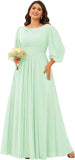 Chiffon Long Sleeves Bridesmaid Dresses Scoop Neck Pleated A Line Long Formal Dresses for Women Plus Size wedding guest dress
