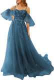 Lace Applique Tulle Prom Dresses Off Shoulder Puffy Sleeves Wedding Dress Long Women Sweetheart A Line Evening Gowns