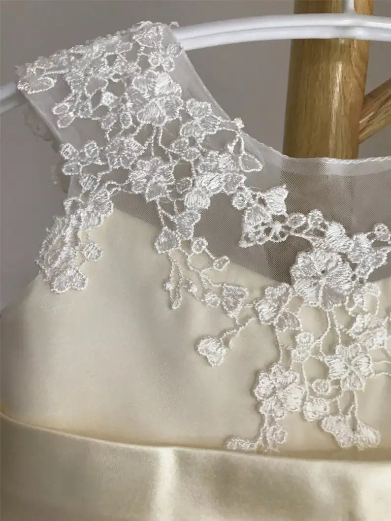 Ivory Lace tulle flower girl dress, illusion birthday girl dress with lace applique girls party dress  princess dress