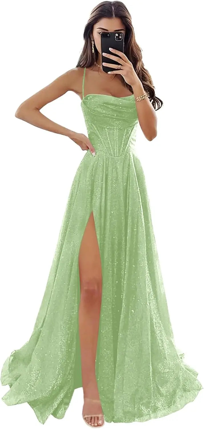 Damen Spaghettiträger Glitzer Tüll Ballkleider mit Schlitz Wasserfallausschnitt Langes formelles Abendkleid Partykleid 