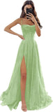 Damen Spaghettiträger Glitzer Tüll Ballkleider mit Schlitz Wasserfallausschnitt Langes formelles Abendkleid Partykleid 