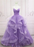 Customized V Neck Glitter Tulle Long Prom Dresses Spaghetti Straps Ball Gown For Women Puffy Tiered Formal Evening Party Dresses