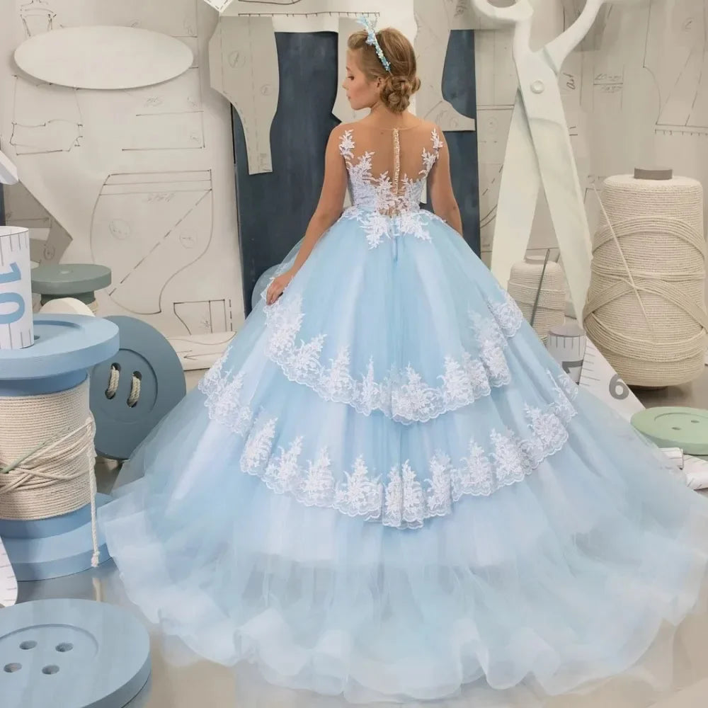 Floor Length Customized First Communion Dresses Birthday Ball Gowns Light Blue Flower Girls Dresses For Weddings Lace Appliques