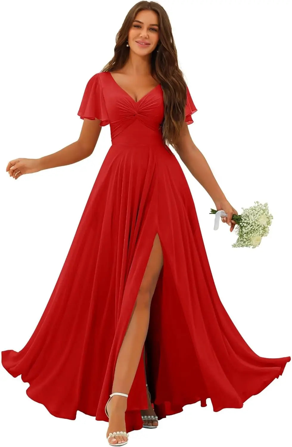 Custom Made Flutter Sleeves Split Bridesmaid Dresses with Slit Long V Neck Empire Waist Formal Evening Dress for Women Wedding