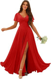 Custom Made Flutter Sleeves Split Bridesmaid Dresses with Slit Long V Neck Empire Waist Formal Evening Dress for Women Wedding
