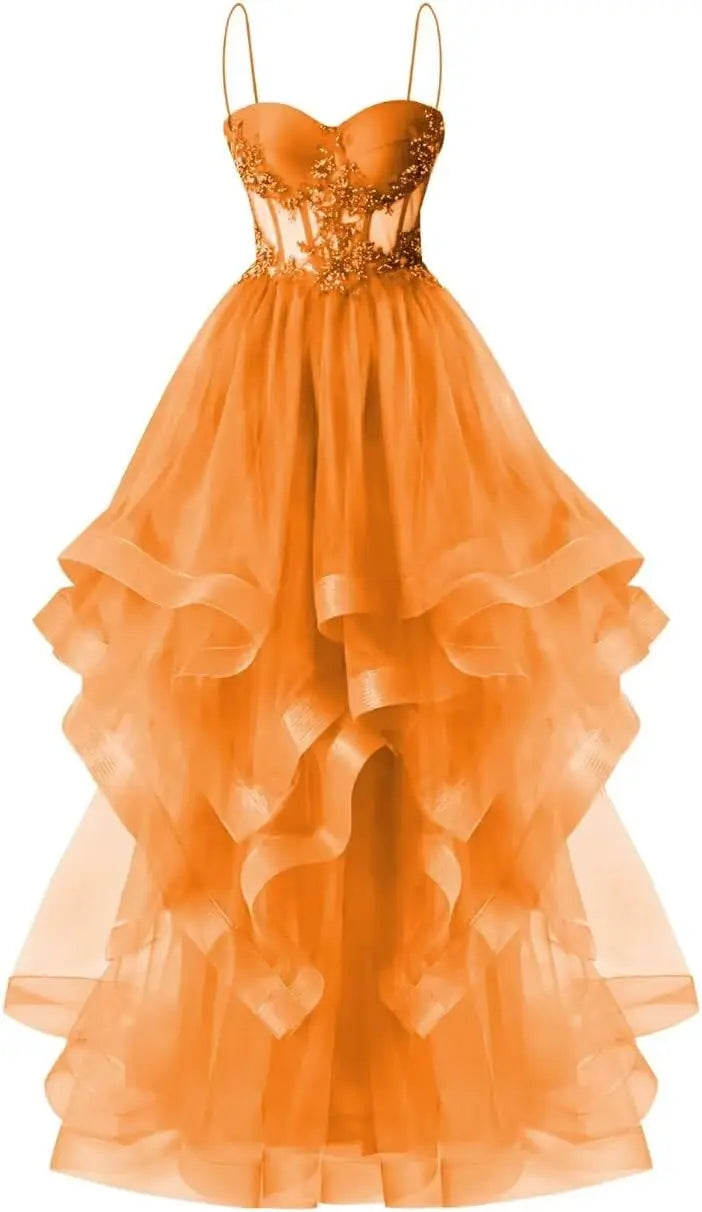 Custom Made Tulle Prom Dresses for Women 2025 Spaghetti Straps Ball Gowns Lace Applique Layered Quinceanera Dresses ball gown