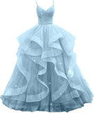 Customized V Neck Glitter Tulle Long Prom Dresses Spaghetti Straps Ball Gown For Women Puffy Tiered Formal Evening Party Dresses