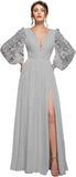 Langärmliges Brautjungfernkleid, Chiffon, Ballkleid, langes Hochzeitskleid mit Spitzenapplikation, V-Ausschnitt, formelle Kleider mit Schlitz 