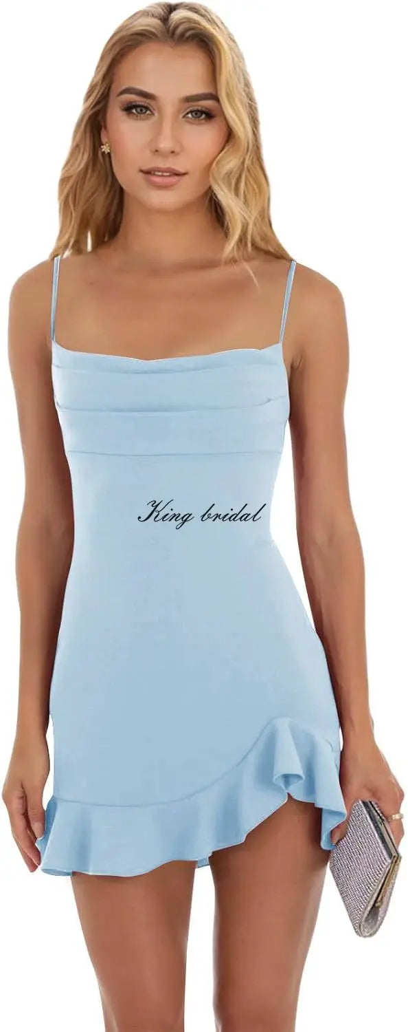 Vestidos cortos de fiesta ajustados para mujer, con tirantes finos y bajo con volantes, para cóctel y club. 
