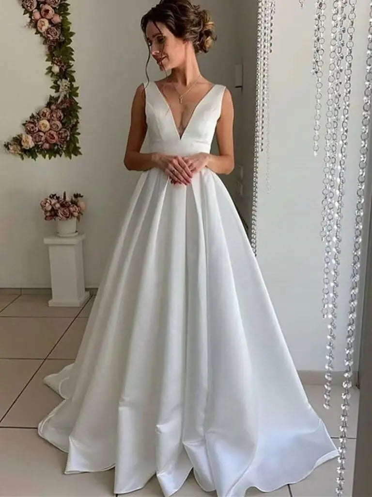 Satin A Line Wedding Dresses for Bride V Neck Prom Dresses with Pockets Simple Long Ball Gowns