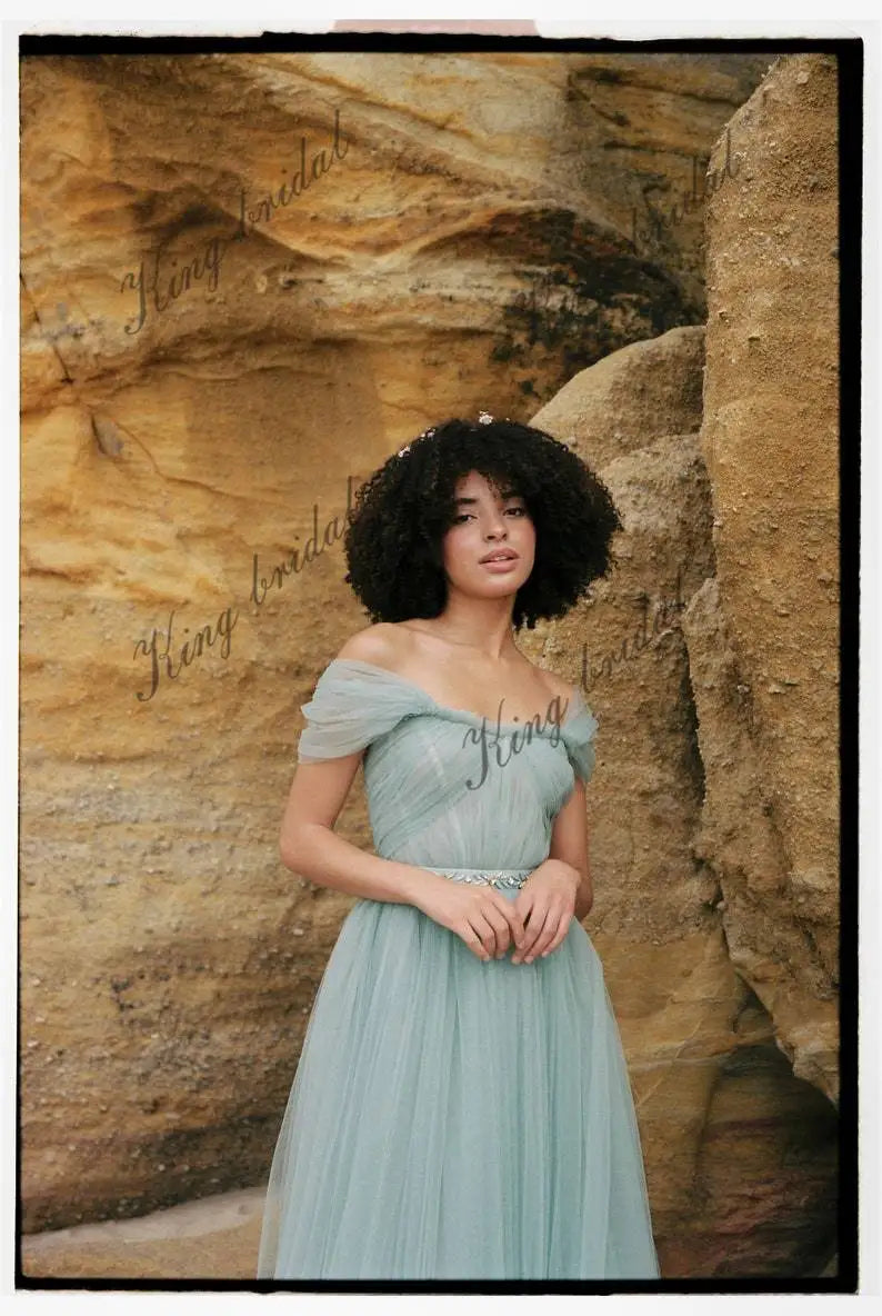 Vestido de novia elegante de tul con hombros descubiertos, corte A, para mujer, para fiesta de boda, noche, graduación, vestido largo verde 