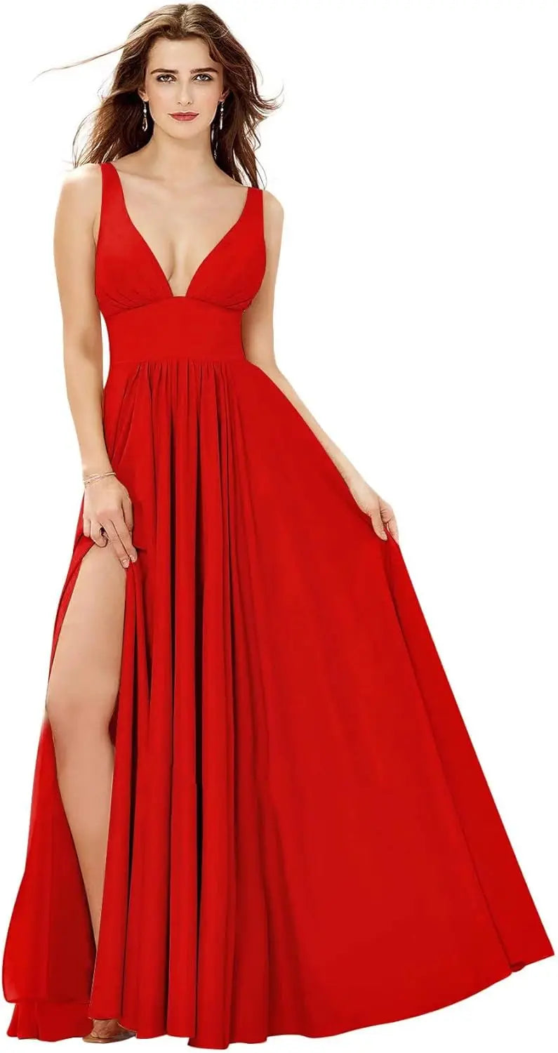 Elegant Women's Long Chiffon Bridesmaid Dresses Deep V-Neck Sleeveless Slit Formal Evening Party Gowns prom dresses