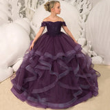 Grape Purple Floral Appliques Tiered With Trailing For Wedding Birthday Party Banquet Gown Customized Flower Girl Dresses