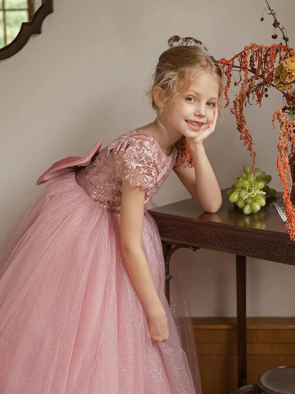 Flower Girls Lace Cap Sleeve Dress for Wedding Puffy Tulle Back V-Neck Pageant Prom Ball Gown with Bow princess dress