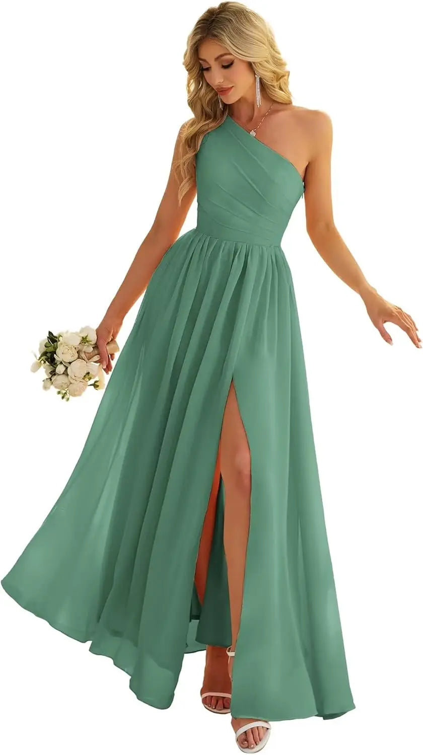 Women's One Shoulder Bridesmaid Dresses for Wedding Chiffon Side Split Reched Formal Evening Dress Sleeveless