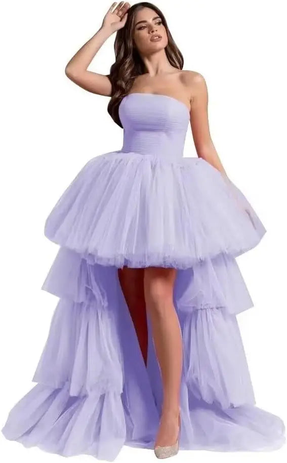 High Low Tüll Ballkleider Lange trägerlose gestufte Abendkleider A-Linie Abendkleid mit Schleppe Partykleider Damen Abend 