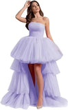 High Low Tüll Ballkleider Lange trägerlose gestufte Abendkleider A-Linie Abendkleid mit Schleppe Partykleider Damen Abend 