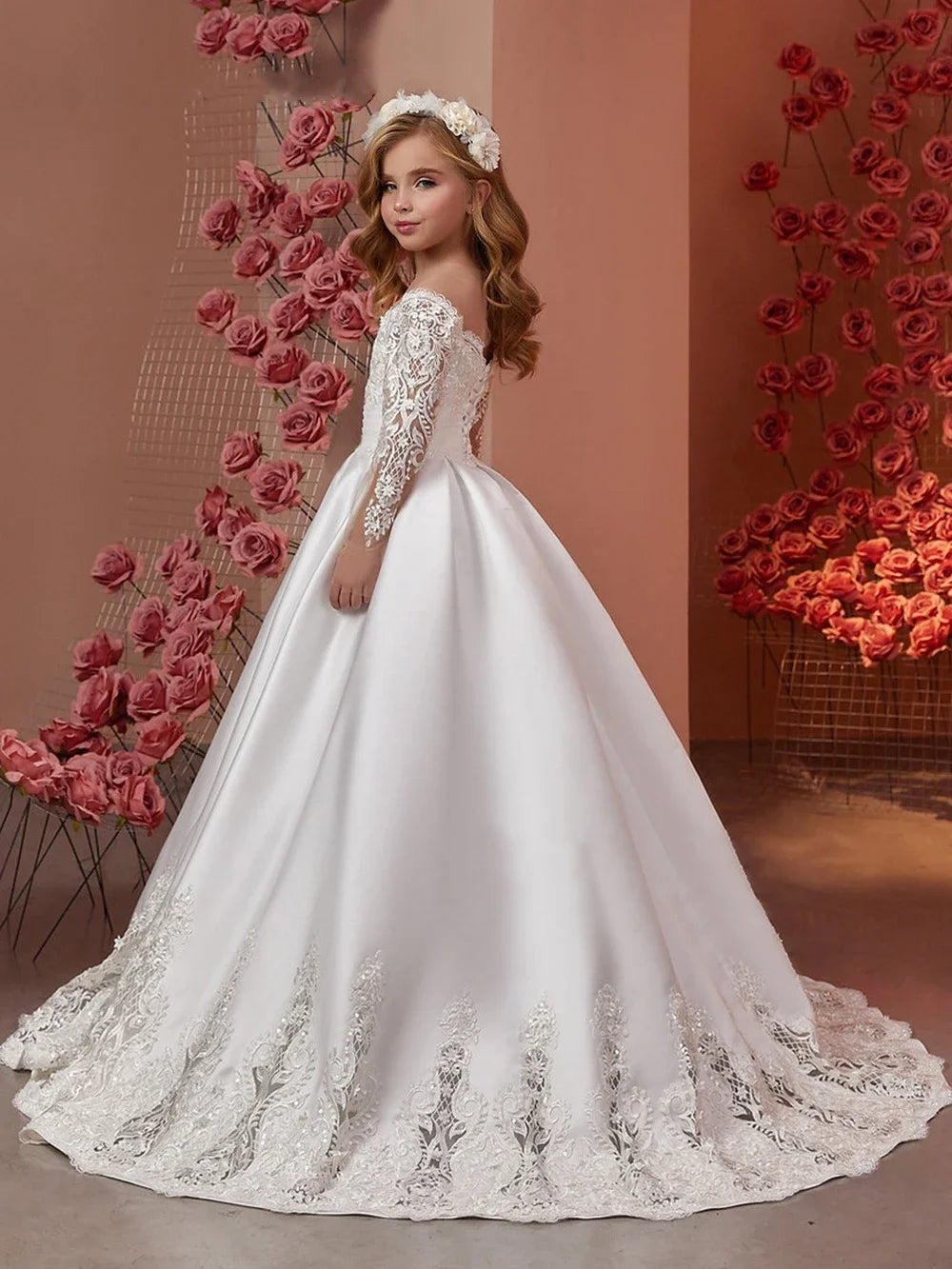 Vestido elegante de primera comunión para fiesta de cumpleaños, largo hasta el suelo, color blanco, para niña de las flores, para desfile de bodas, con apliques de satén, 2026 