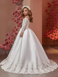 Vestido elegante de primera comunión para fiesta de cumpleaños, largo hasta el suelo, color blanco, para niña de las flores, para desfile de bodas, con apliques de satén, 2026 