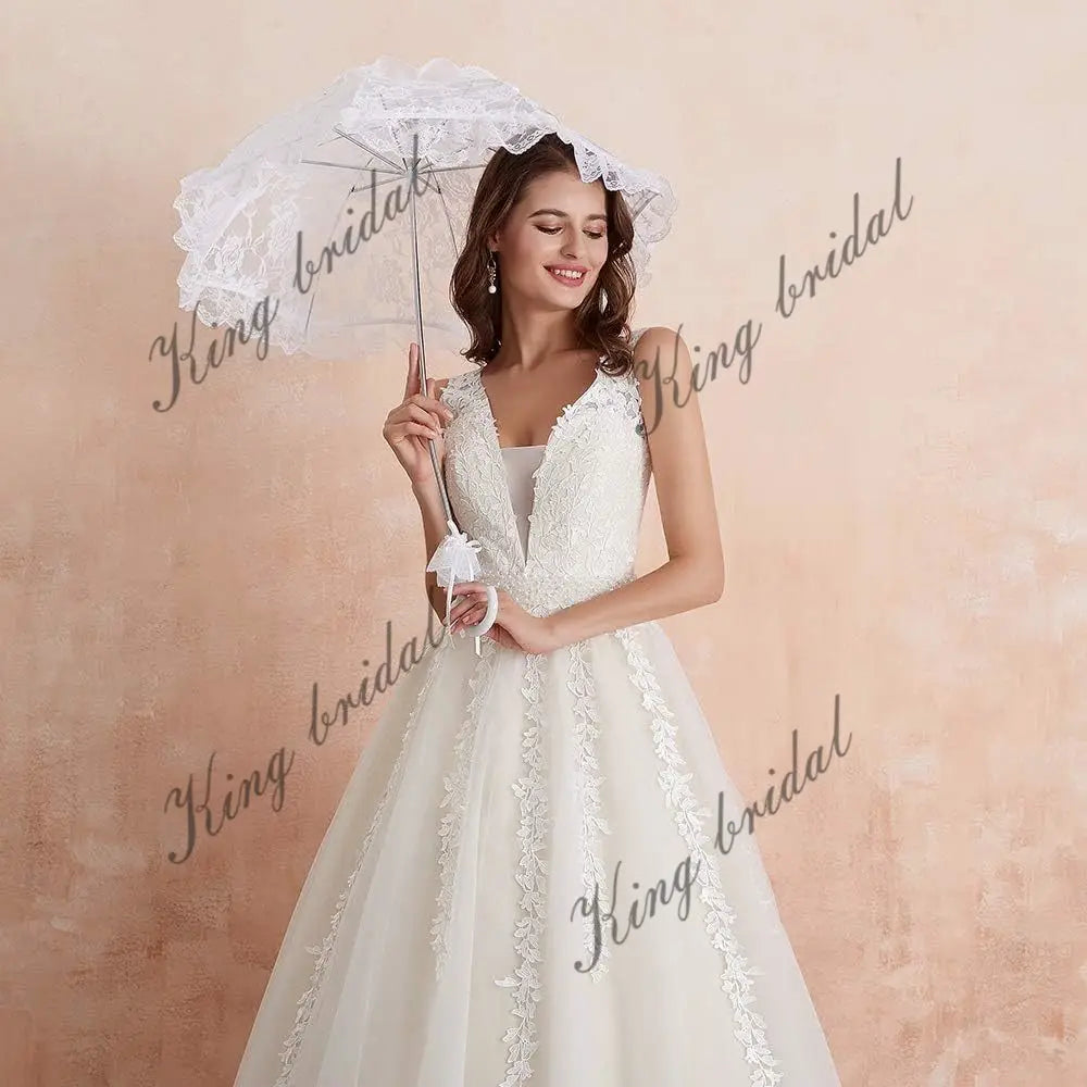 Women's Tulle Floor Length A Line Wedding Dress for Bride Lace Applique Evening Dress V Neck Straps Ball Gowns