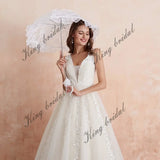 Women's Tulle Floor Length A Line Wedding Dress for Bride Lace Applique Evening Dress V Neck Straps Ball Gowns