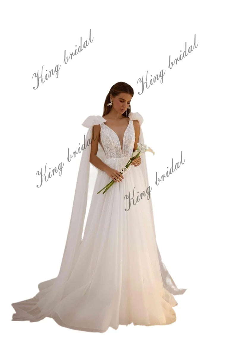 Individuell angefertigtes elegantes handgefertigtes schimmerndes Tüll-Hochzeitskleid mit Perlenspitze, schlichte Brautkleider, Hochzeitskleid, Brautkleider 