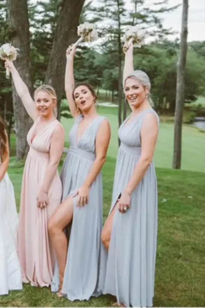Vestidos de dama de honor con abertura y escote en V, vestidos de fiesta, línea A, plisados, para invitada de boda con bolsillos 