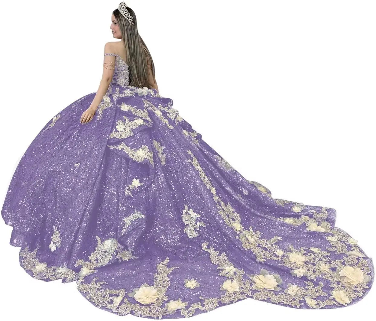 Gold Appliques Quinceanera Dresses with Train Spaghetti Strap Lace Sweet 16 Dresses Layered Ruffles Beaded Ball Gown