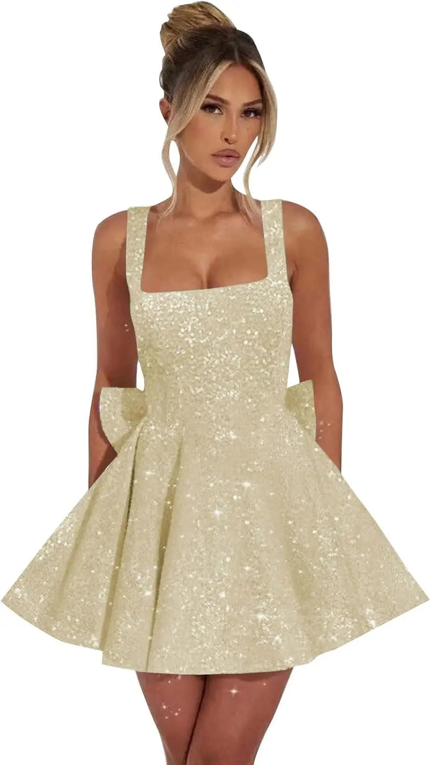 Vestidos de fiesta de graduación con lentejuelas brillantes para adolescentes, con lazo, cortos y abullonados.
