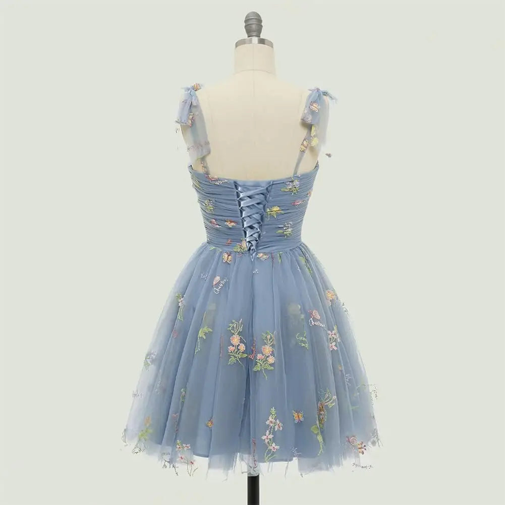 Vestidos de fiesta de tul con tirantes anudados para mujer, vestidos de novia con bordado de flores, vestidos cortos formales para fiesta, mini vestidos de bienvenida 