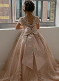 Blumenmädchenkleid für Mädchen zur Hochzeit, Applikationen, Tüll, Festzugskleider, kurze Ärmel, Ballkleid mit Schleife, Prinzessinnenkleid 