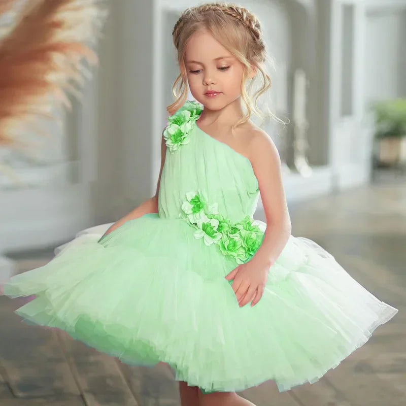 Vestidos de tul rosa con flores 3D, de un solo hombro, para bodas, fiestas de cumpleaños, banquetes, vestidos de princesa, vestidos de niña de las flores 