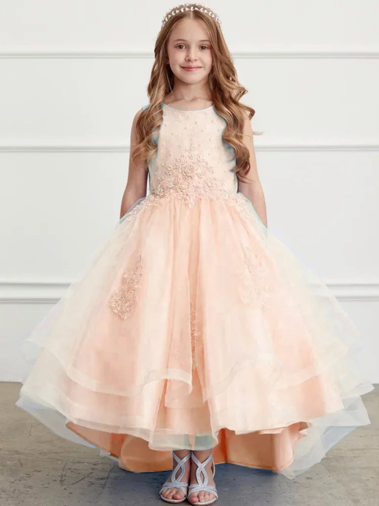 Vestidos de primera comunión para cumpleaños, vestidos de niña de las flores con apliques de flores de tul rosa y lazo, falda alta y baja sin mangas para boda 