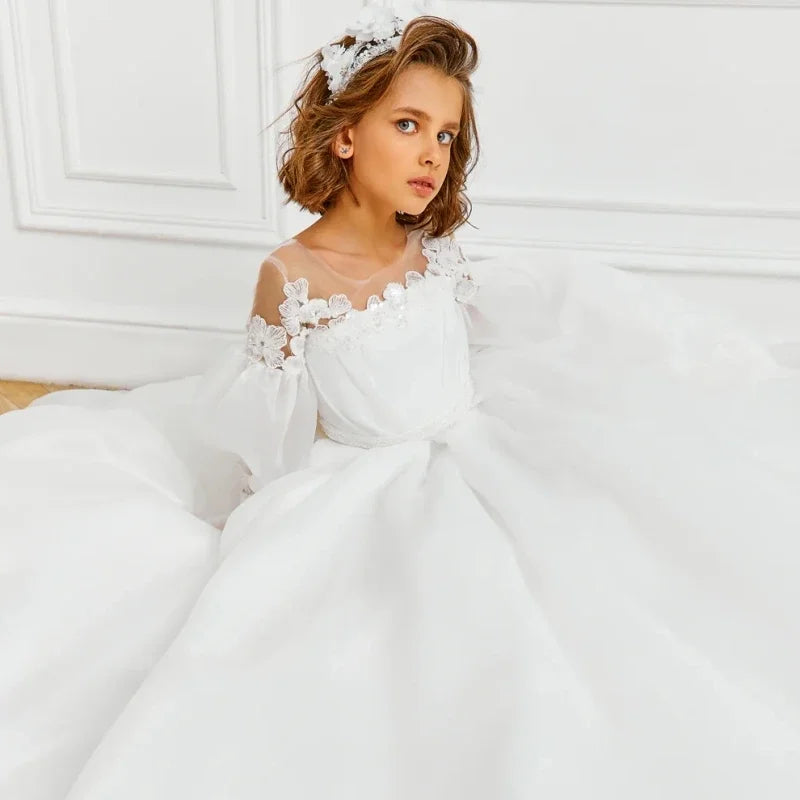 With Bow Long Sleeve For Wedding Birthday Evening Banquet Holy Communion Gowns Customized Flower Girl Dresses White Flowers