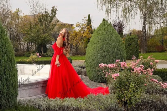 Vestido de novia de tul y encaje rojo, sesión de fotos formal personalizada, vestido de gala, vestidos de novia sencillos. 