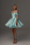 Vestidos de fiesta de satén con hombros descubiertos para mujer, corte A, cortos, plisados, sin tirantes, para boda y fiesta. 
