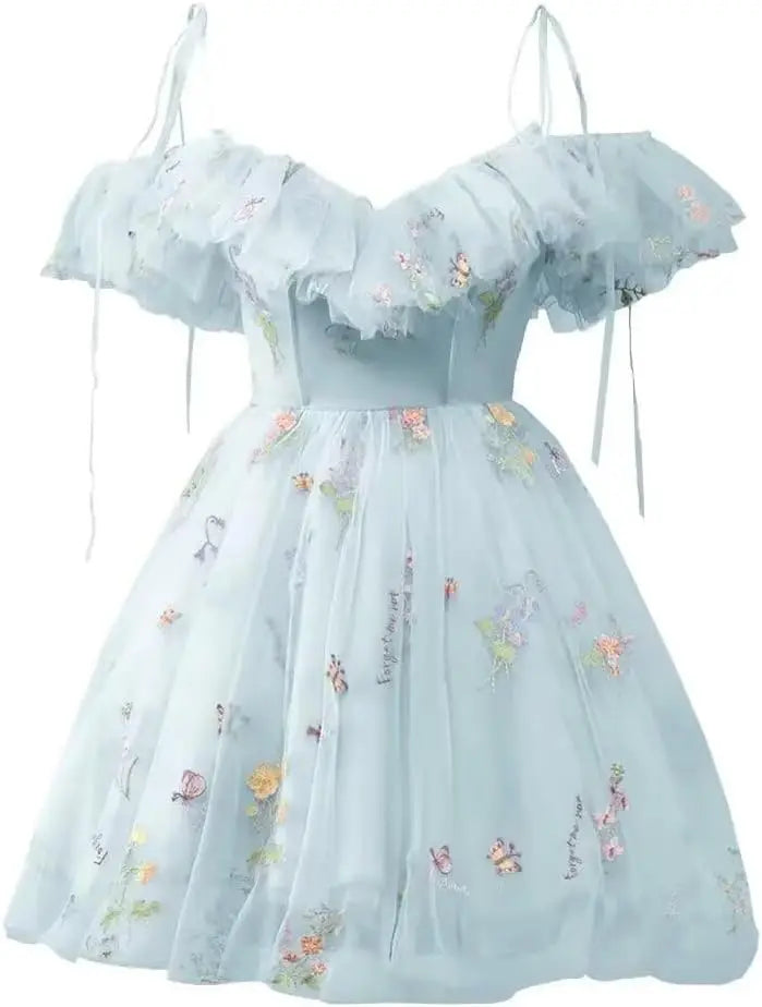 Blumenstickerei Tüll Kurze Heimkehrkleider für Teenager Mini Fee V-Ausschnitt Formales Abschlussball-Cocktailpartykleid 2025 